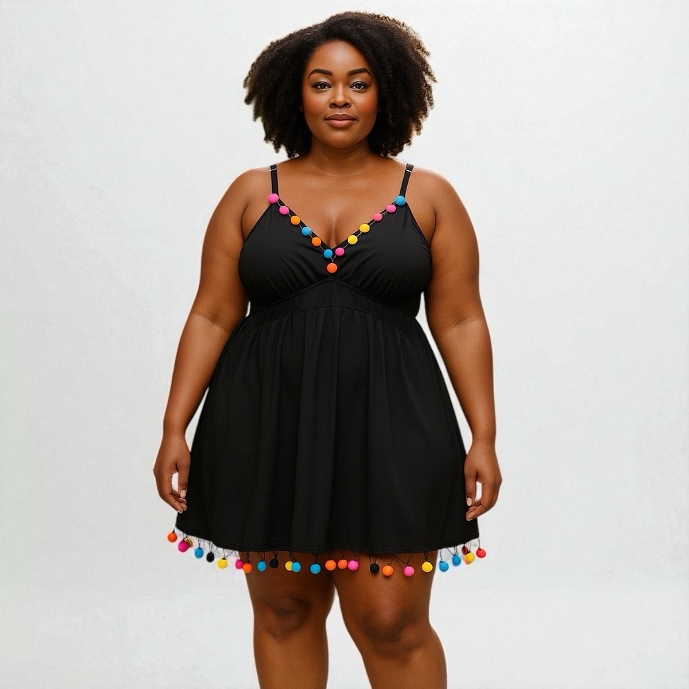 SHEIN Swim Curve Pom-Pom Decor Black Sheer Tankin (top only) Plus Size‎ 3XL